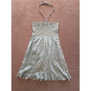 Want! Light Blue Smocked Shirred Halter Dress Eyelet Ruffle Hem L